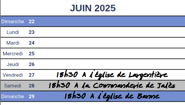 photo d'écran agenda prochains concerts en juin 2025. 27 juin 18h30 à la commanderie de Jalès, 28 juin 18h30 à l'église de Largentière, 29 juin 18h30 à l'église de Banne